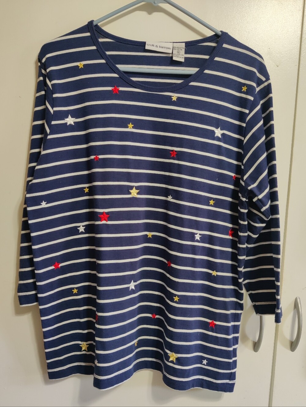 Croft & Barrow Women's Navy Striped Embroidered Long Sleeve Top